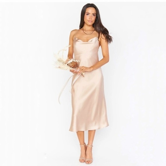 Show Me Your MuMu Verona Cowl Neck Dress in Champagne Gold Luxe Satin Size Large - Picture 1 of 16